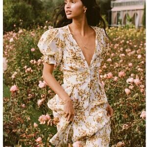 FAITHFULL Goldie Floral Off White Rafa Midi Dress Women's Size 6 = Medium